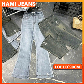 Loe lỡ 90cm loe 9 tấc quần jean nữ ống loe lỡ cạp cao co giãn thêu hình mèo túi thêu mèo