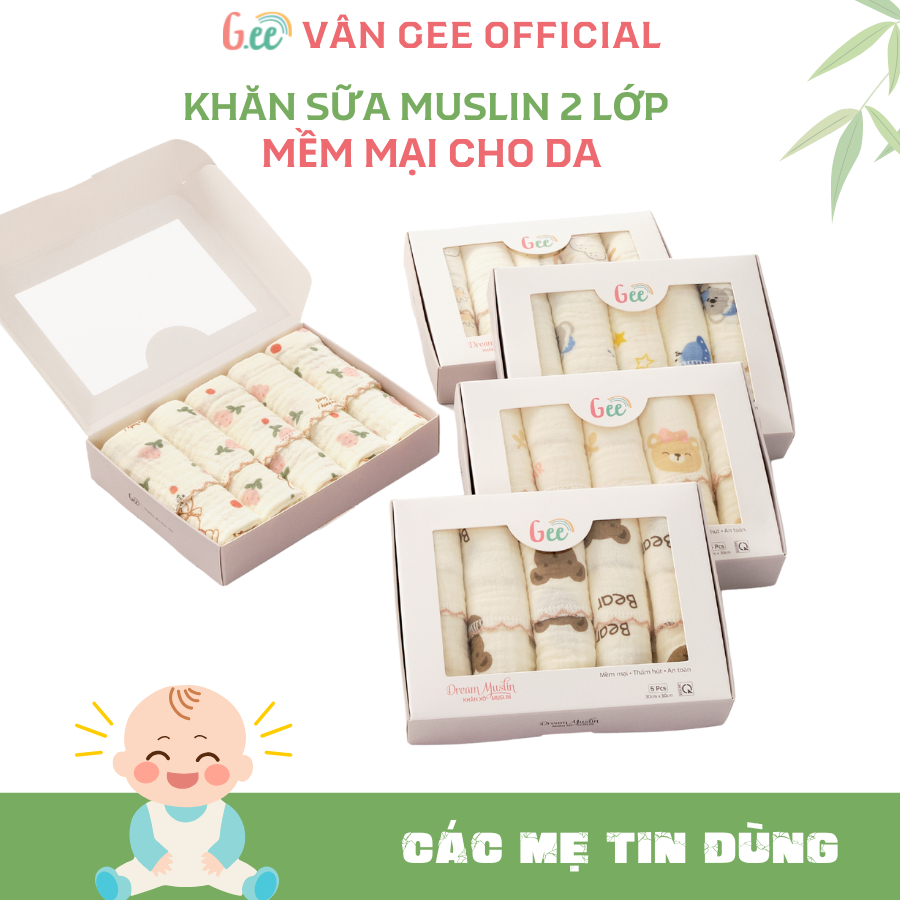 Set 5 khăn sữa Muslin Gee 2 lớp in hình (30x30) Gee - mềm mịn, thấm hút và êm ái không bụi vải cho bé sơ sinh.