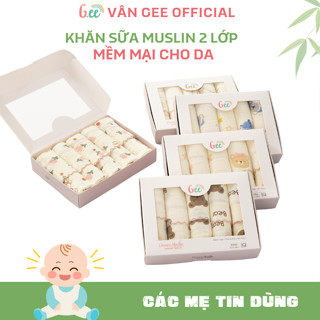 Set 5 khăn sữa Muslin Gee 2 lớp in hình (30x30) Gee - mềm mịn, thấm hút và êm ái không bụi vải cho bé sơ sinh.