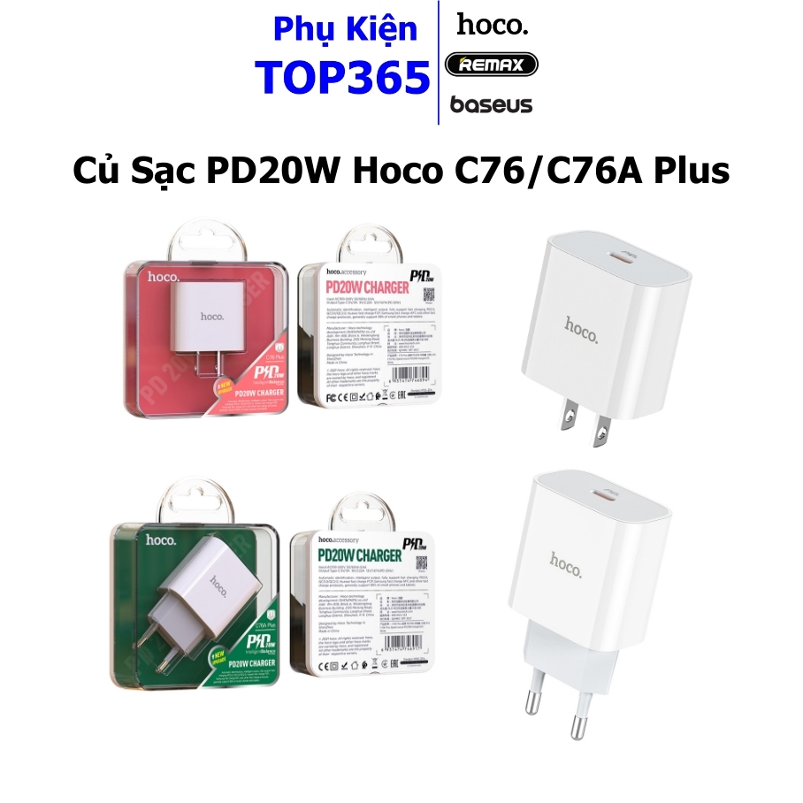 Củ sạc nhanh PD20W Hoco C76/C76A 1 cổng Type-C, nhỏ gọn tiện lợi - PK Online