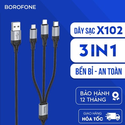 Dây cáp sạc 3 đầu Hoco X102 3in1 bọc vải dù, hỗ trợ truyền dữ liệu, dòng sạc 2.4A dài 1 mét