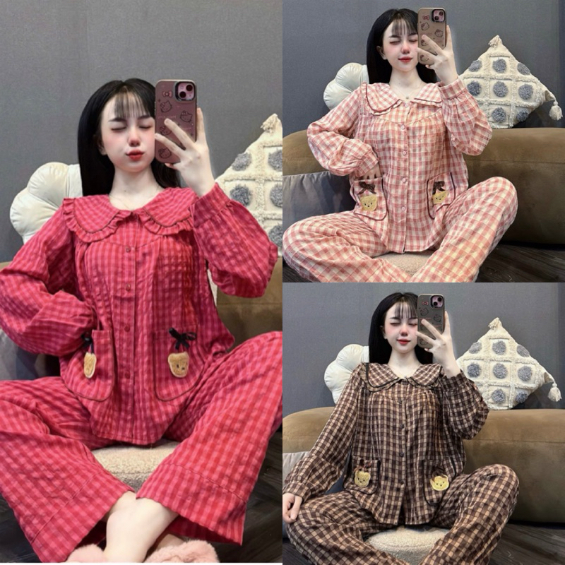 Set Bộ Ngủ Nữ , Set Bộ Pjyama Kẻ Nhung Túi Áo