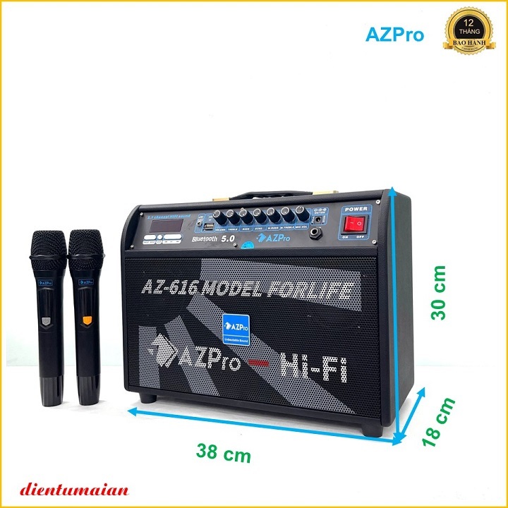Loa Vali Bluetooth chính hãng Azpro,Az-616,bass 15-3 đường tiếng,Kèm 2 micro không dây set tần số