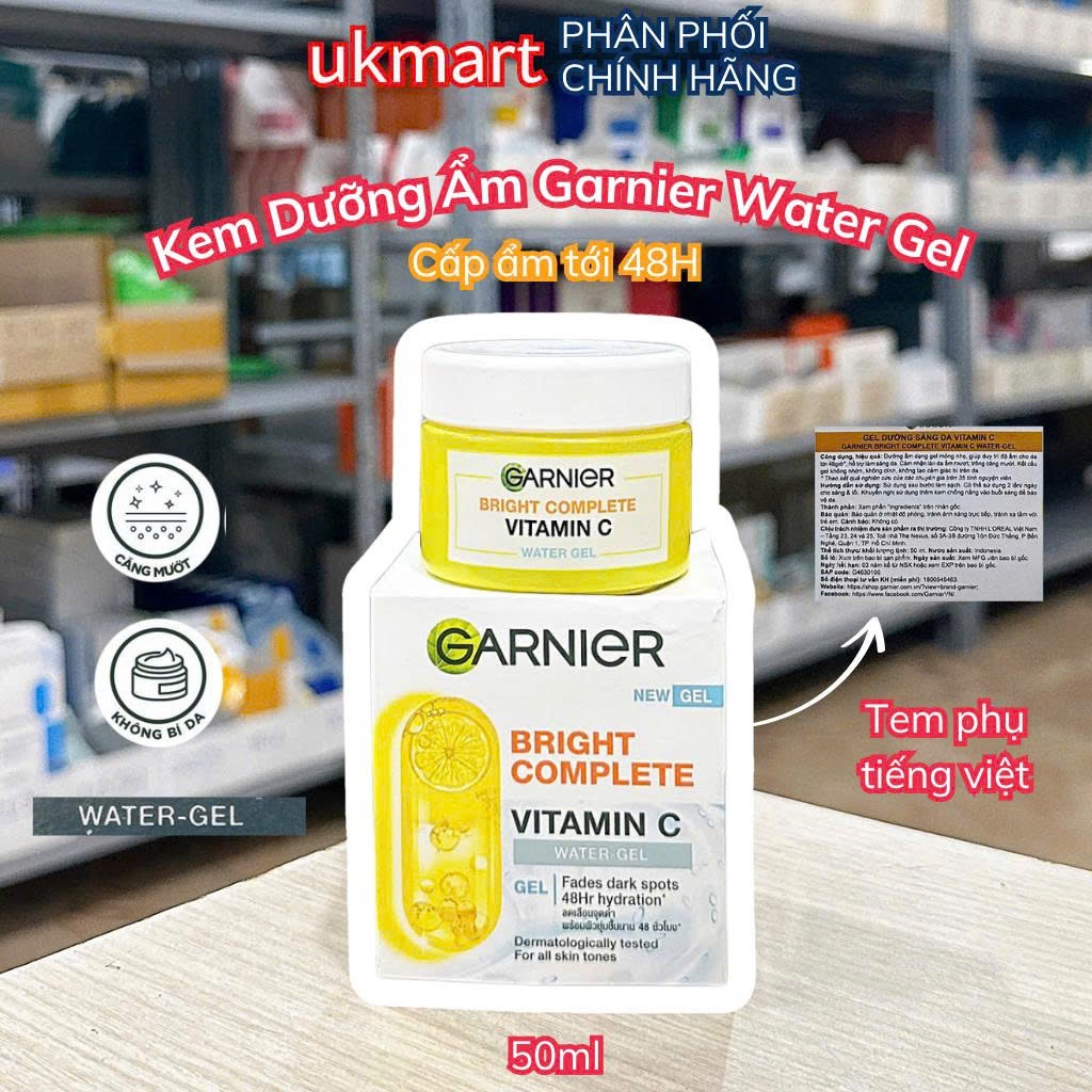 Kem dưỡng ẩm Garnier Water Gel mỏng nhẹ cấp ẩm tới 48H & hỗ trợ sáng da 50ml