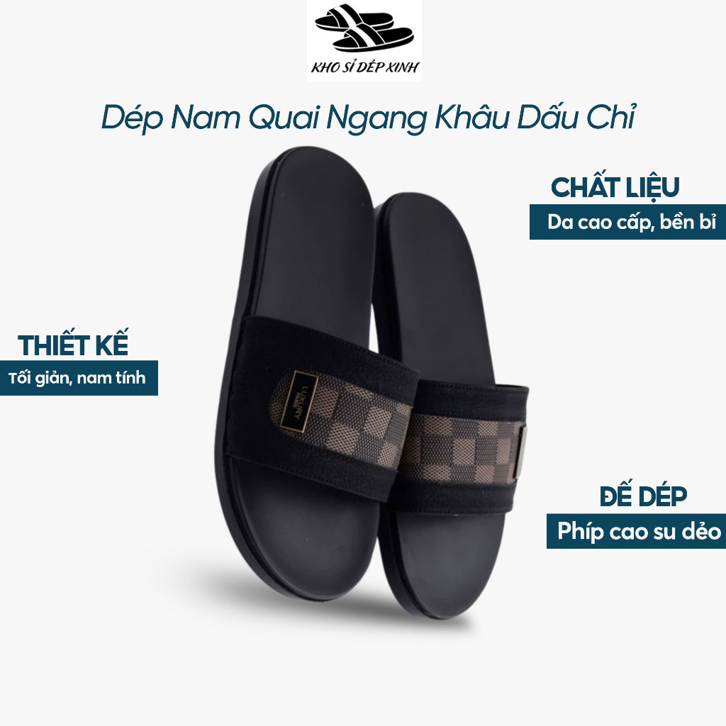 (Khâu Quai)Dép Nam Quai Ngang Khâu Dấu Chỉ – Họa Tiết Vá Lờ Vê Sang Trọng – Đế Cao Su Êm