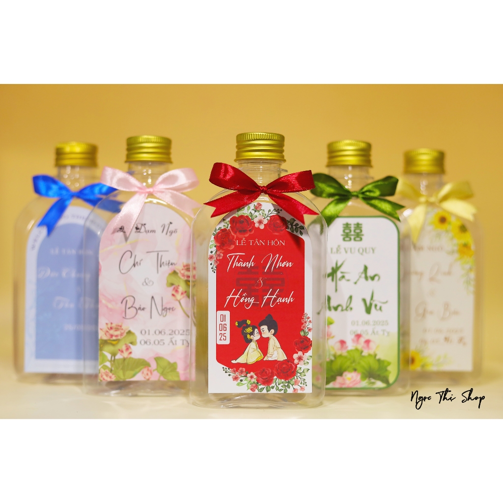 Combo chai nước bầu (chai, nhãn, nơ) để bàn gia tiên cưới hỏi (MS 50-64)