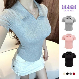 Áo Thun Nữ Cổ Bẻ Phối Dây Kéo Form Ôm Chất Vải Cotton Mịn Co Giãn HEIMI