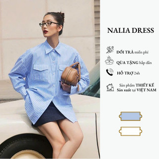 NALIA ZULY - Áo sơ mi cổ đức dài tay kẻ xanh có túi trước ngực dáng suông