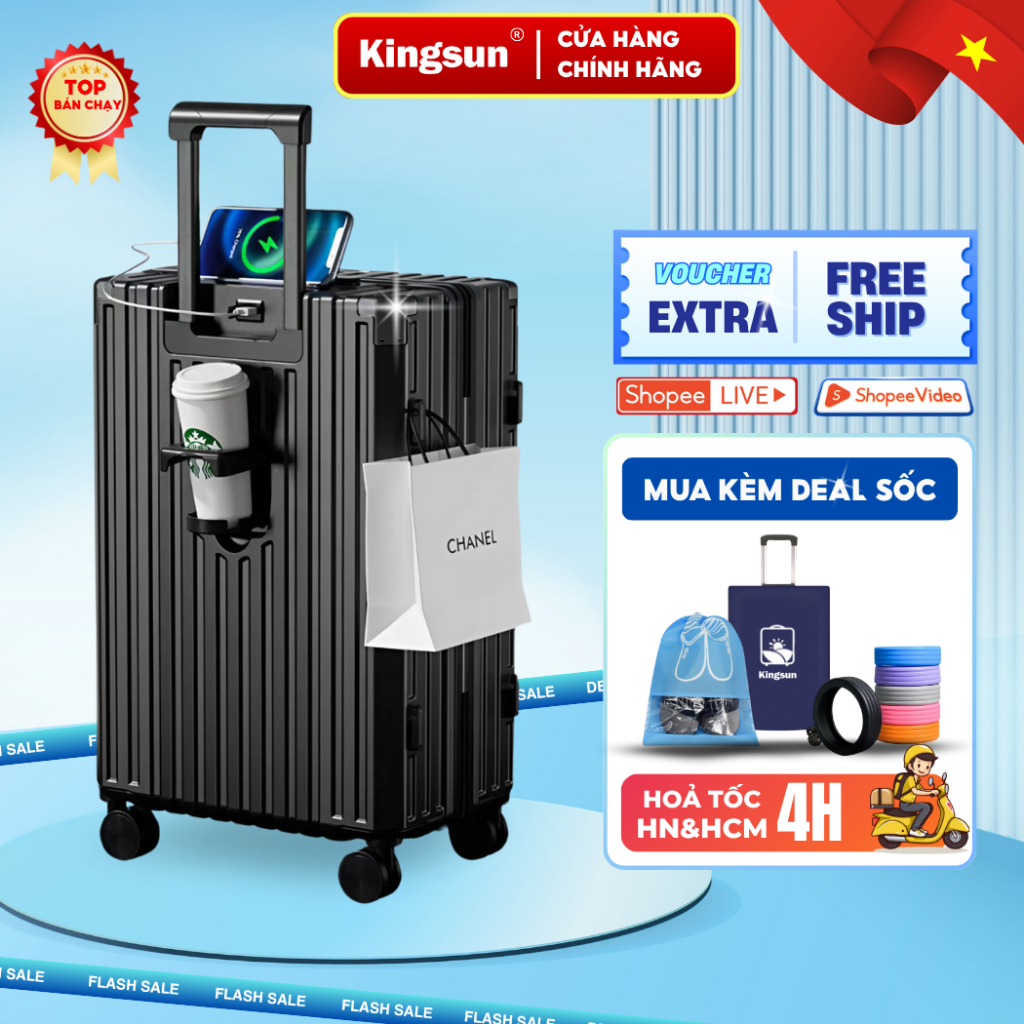 Vali Du Lịch Khóa Kéo Kingsun KS219/302/T08 Size 20/24/28 Chất Liệu PC+ABS Bền Đẹp Bảo Hành 5 Năm