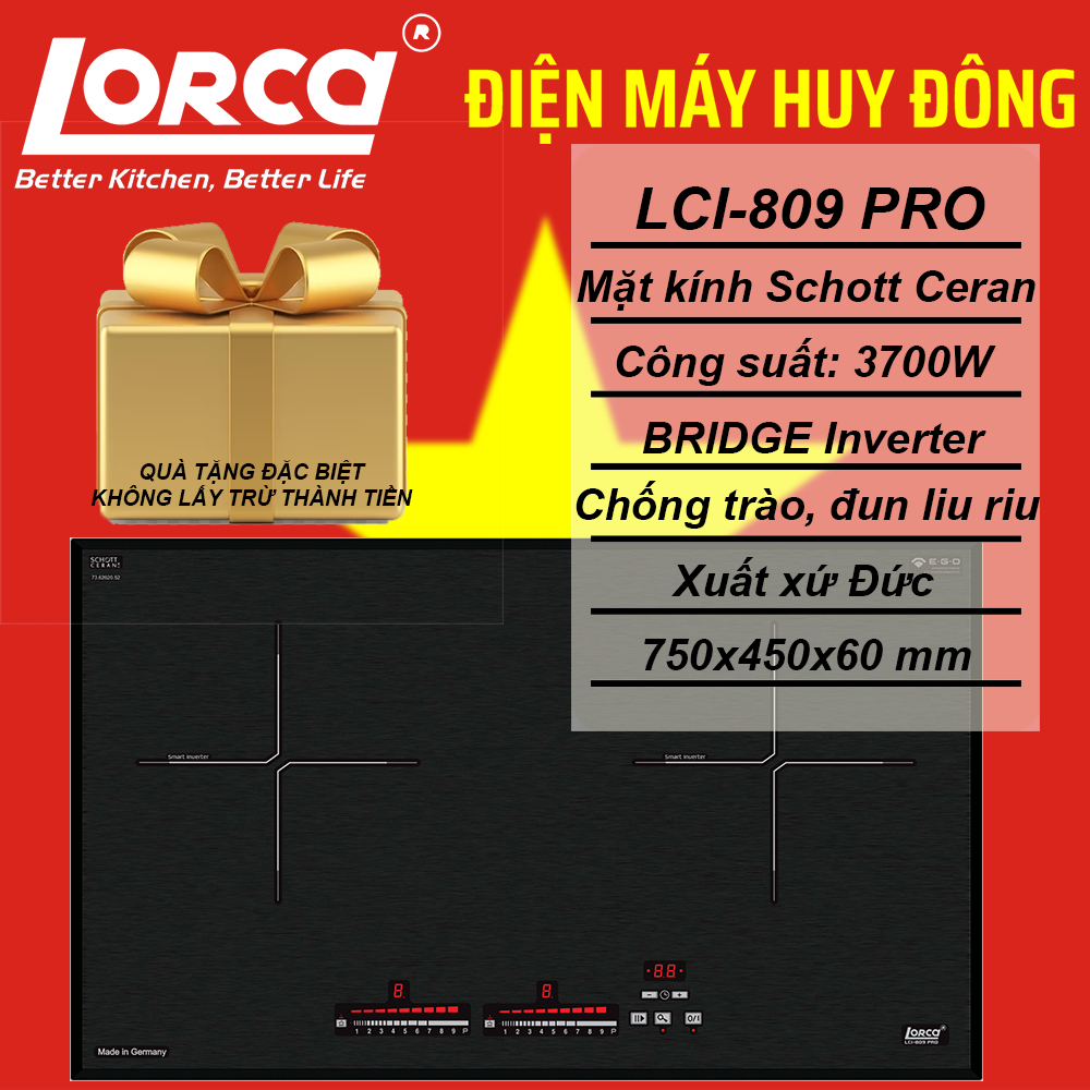 Bếp từ Lorca LCI-809 PRO - Bếp từ đôi 750x450mm, 3700W, Inverter tiết kiệm điện năng 35%