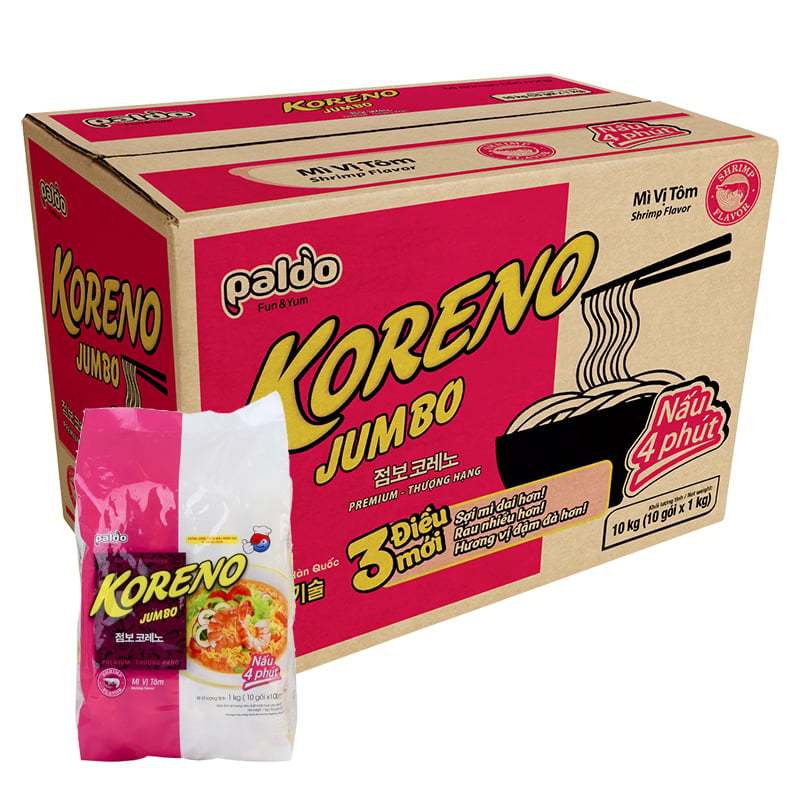 Combo 50 Gói - Thùng 100 Gói Mì Koreno Jumbo Vị Bò Cay, Kim Chi x Gói 100g