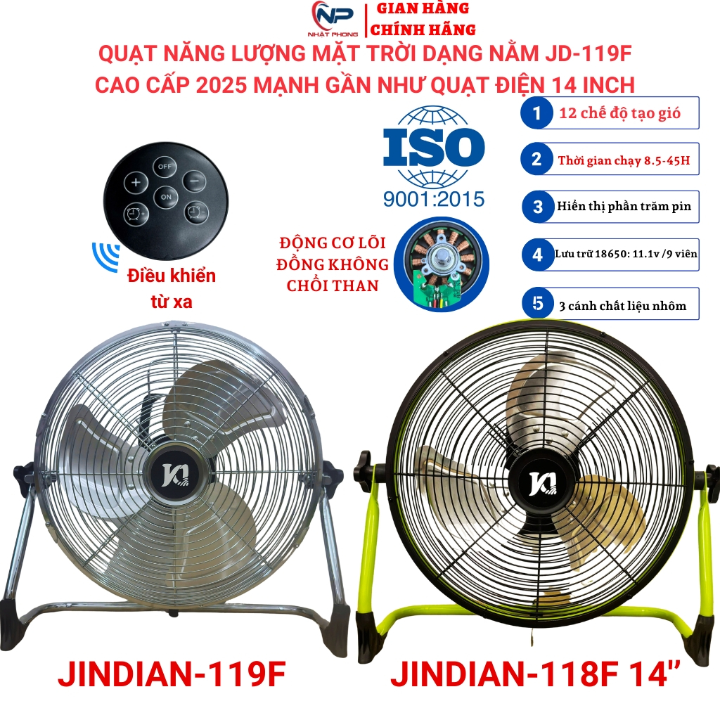 Quạt năng lượng mặt trời, quạt sạc tích điện dạng nằm chân quỳ SHOP NHẬT PHONG  có 3 cánh kim loại,1