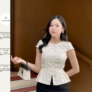 Áo peplum kiểu công sở HINSTORE áo dáng ôm chấm bi tay hến đai buộc eo 380