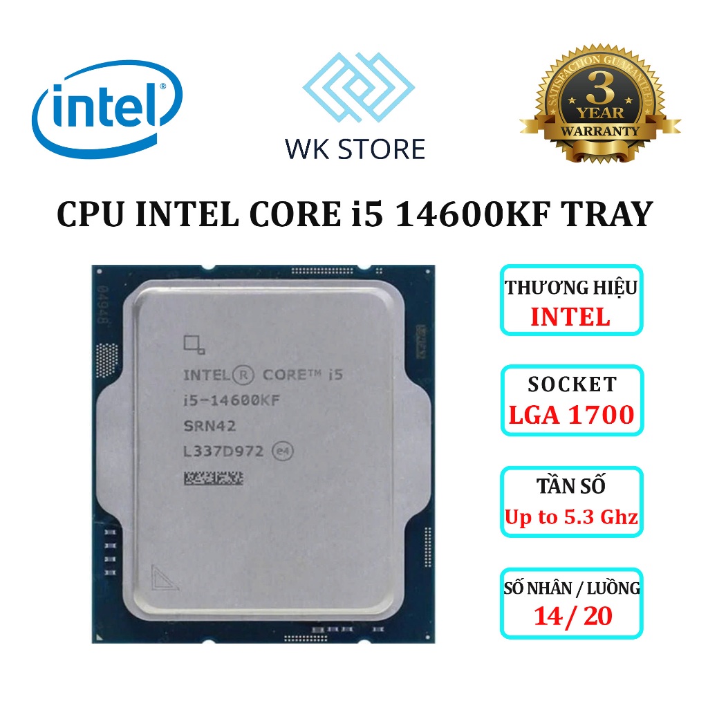 CPU Intel Core i5 14600KF | 5.3 GHz, 14C / 20T Tray New (Mới, BH 36T)