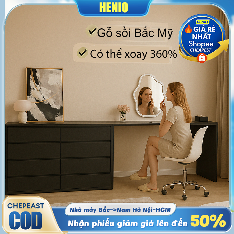 HEINO Bàn Trang Điểm 2in1 Gỗ Đen - Tủ Đầu Giường Đa Năng Thiết Kế Hiện Đại Hot Kèm 6 Ngăn Kéo | BigBuy360 - bigbuy360.vn