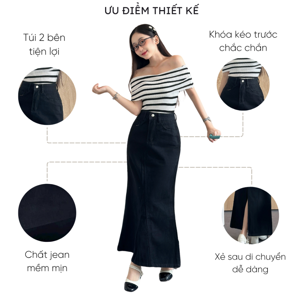 Chân váy jean đuôi cá dáng dài 90cm Mely Fashion xòe nhẹ xẻ sau có túi 2 bên cạp cao tôn dáng che khuyết điểm tốt CV121 | BigBuy360 - bigbuy360.vn