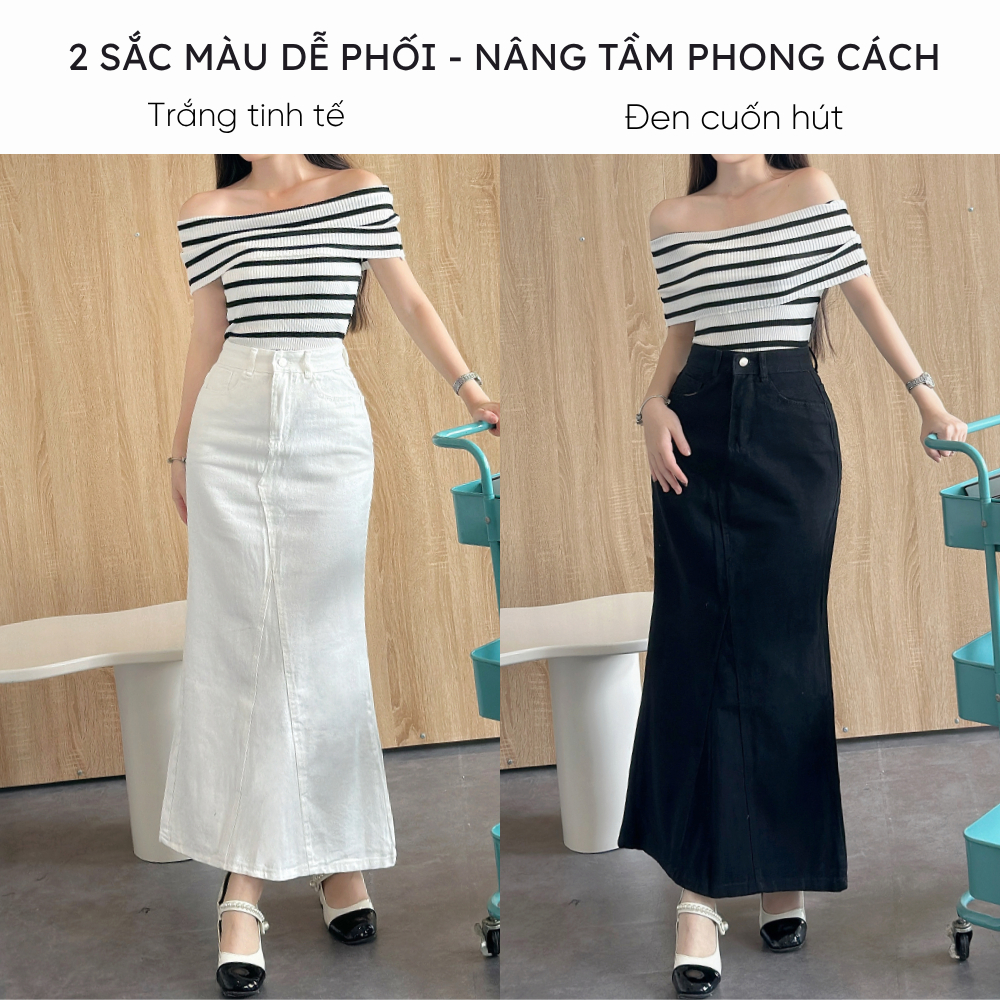 Chân váy jean đuôi cá dáng dài 90cm Mely Fashion xòe nhẹ xẻ sau có túi 2 bên cạp cao tôn dáng che khuyết điểm tốt CV121 | BigBuy360 - bigbuy360.vn