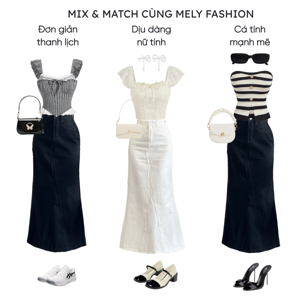 Chân váy jean đuôi cá dáng dài 90cm Mely Fashion xòe nhẹ xẻ sau có túi 2 bên cạp cao tôn dáng che khuyết điểm tốt CV121 | BigBuy360 - bigbuy360.vn