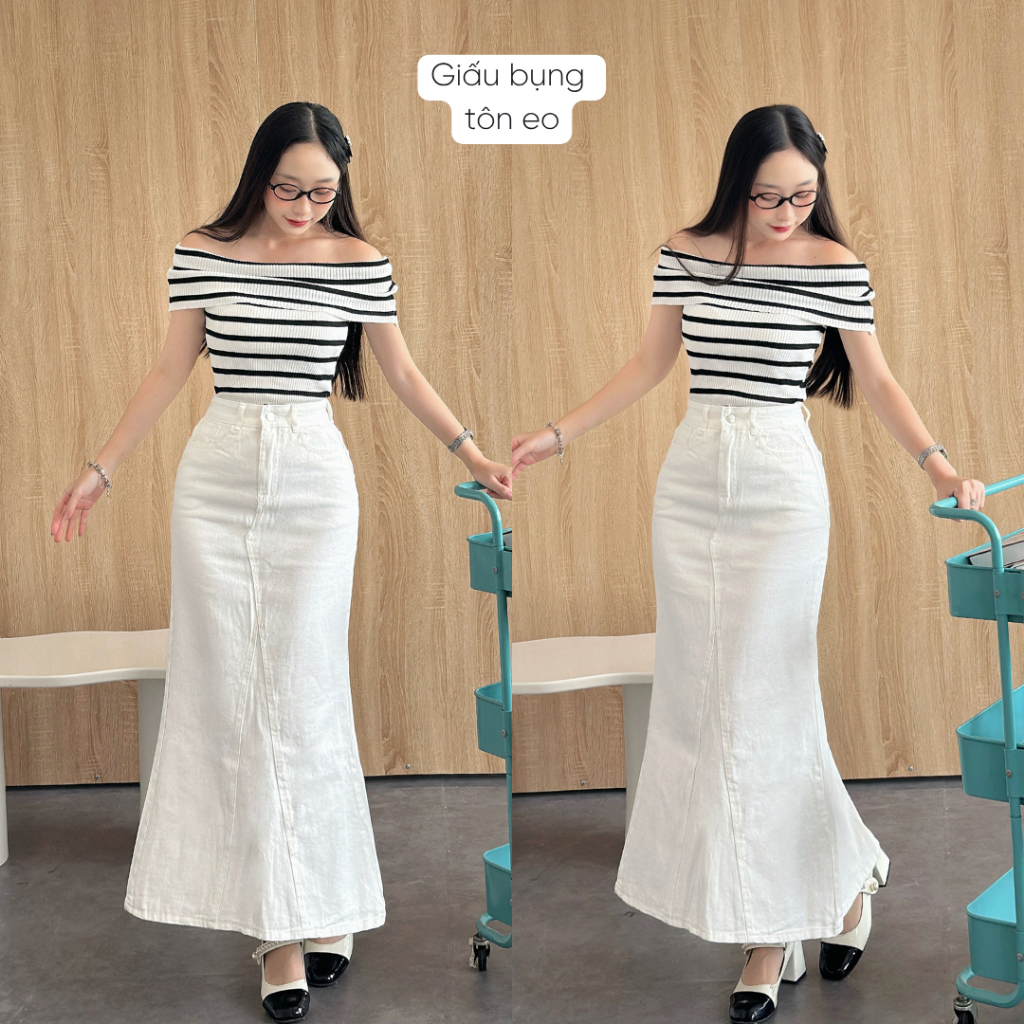 Chân váy jean đuôi cá dáng dài 90cm Mely Fashion xòe nhẹ xẻ sau có túi 2 bên cạp cao tôn dáng che khuyết điểm tốt CV121 | BigBuy360 - bigbuy360.vn
