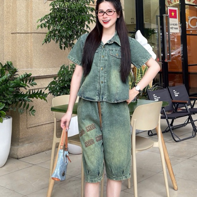 Set Jean B02 Áo Cổ Đức Khuy Bấm - Quần lỡ Thêu Chữ, Thời Trang Nữ, Chất Jean Mềm, Có Đủ Size