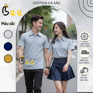 Áo thun polo cá sấu xám sọc cao cấp cổ trụ bẻ unisex nam nữ cặp đôi đồng phục nhóm công sở