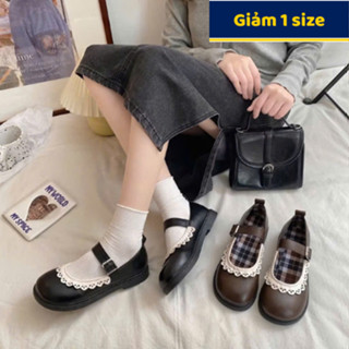   Sẵn + Hoả tốc  Shoes.ri | Giày lolita đế thấp lót viền caro xinh xắn quai gài chất liệu da lì thời trang cho nữ G21 