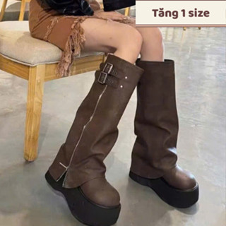 [Sẵn + Hỏa tốc] Shoes.ri | Bốt nữ cổ cao phong cách ngọt ngầu Y2K, đế độn, ống rộng, bốt cowboy retro - G29