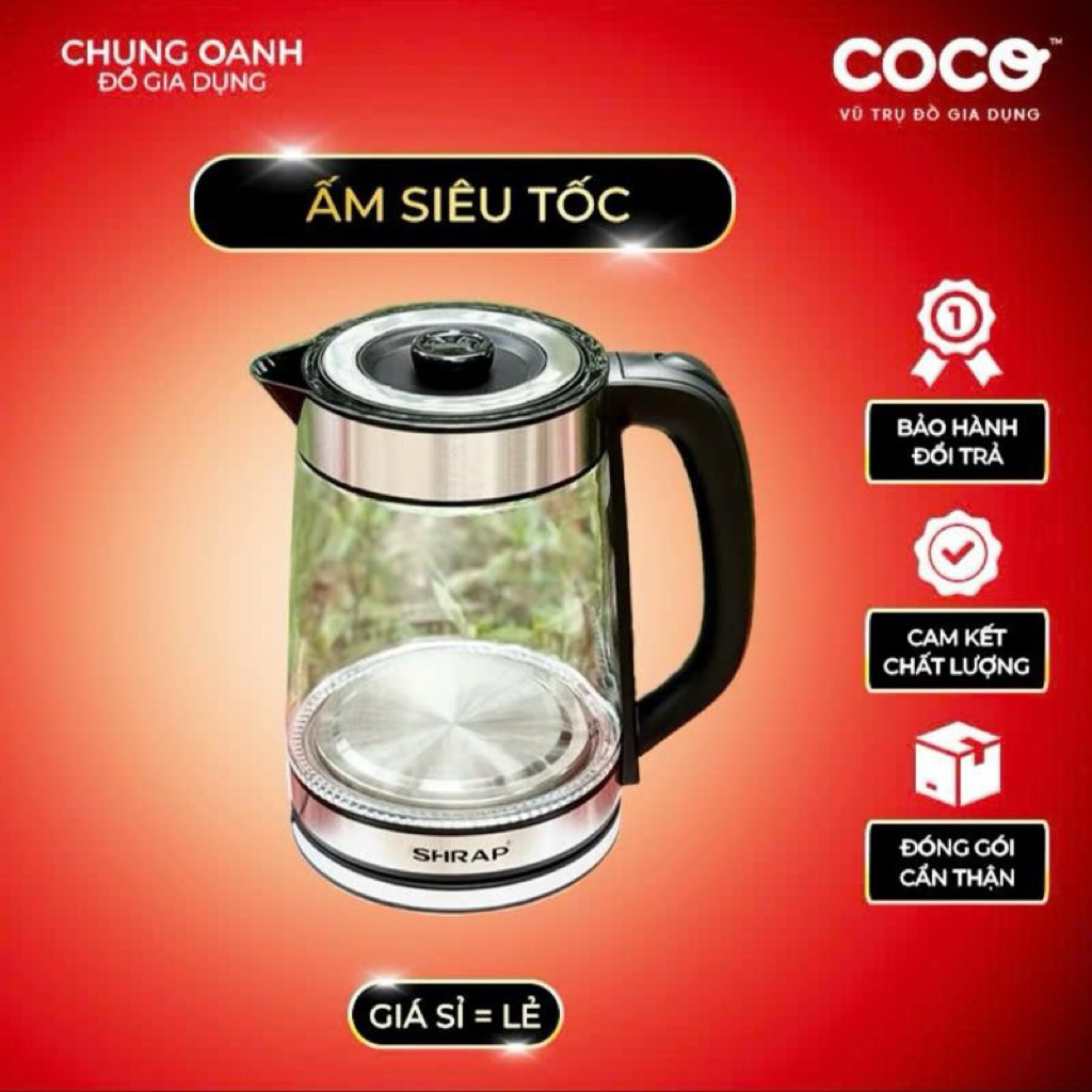 Ấm Siêu Tốc SH.RAP 3L Bình Thủy Tinh Có Đèn LED, Tự Ngắt Điện, Đun Sôi Nhanh, Màu Đen Trơn