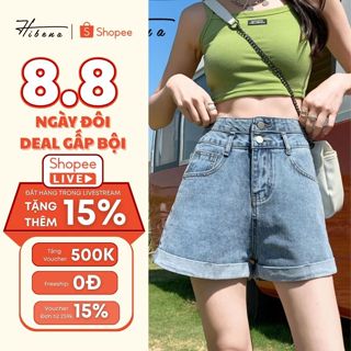 Quần Short Jeans Nữ Cạp Cao Dáng Chữ A, Quần Bò Đùi  Ngắn Hack Chân Thiết Kế 2 Bận Gấu Cúc Xanh Trắng Đen S01 Hibena