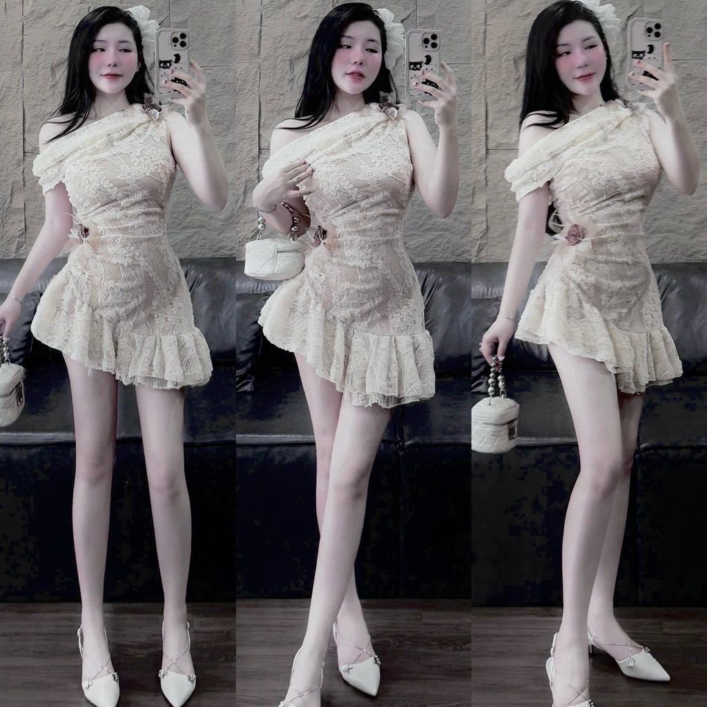 Đầm midi ren cổ yếm rớt vai