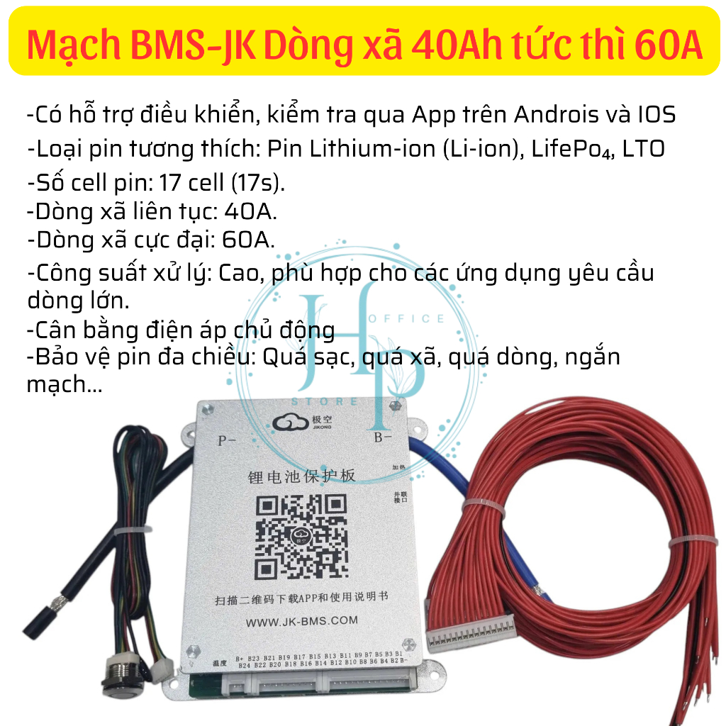BMS JK-BD6A17S6P 17S 60A – Mạch Quản Lý Pin Lithium LiFePO4 Cân Bằng Chủ Động Cho Xe Điện