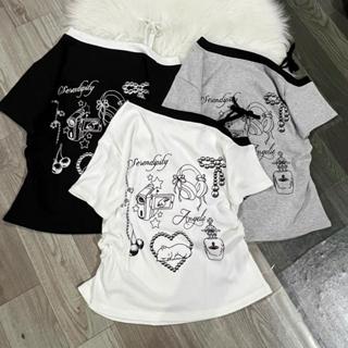   MỞ BÁN DEAL SỐC Áo thun lệch vai phối viền in hình cute dễ thương chất coton tăm zip mẫu mới 2025 