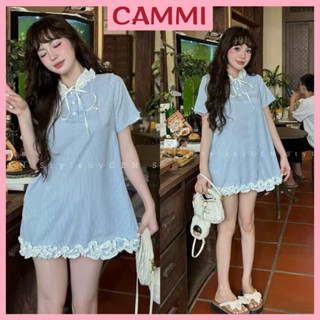 Váy Suông Nữ Kẻ Sọc Xanh Trắng Dáng Baby Doll Cổ Bèo Nơ Nhún Bèo Phối Ren Dễ Thương hot trend [có quần lót rời] HV373