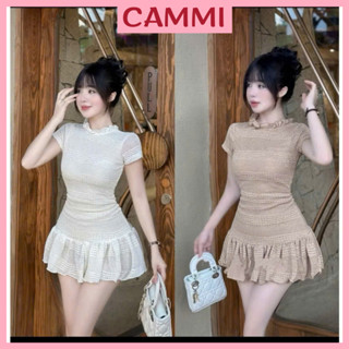 [Tặng quần] Váy len lưới ngắn tay cổ tròn nhún bèo ôm body siêu tôn dáng HV262