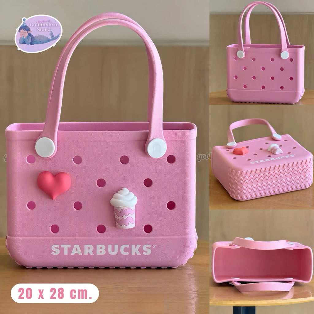   Có Sẵn  Starbucks China Authentic - Túi Xách Kèm Charm Pink Heart Silicone Tote Bag 