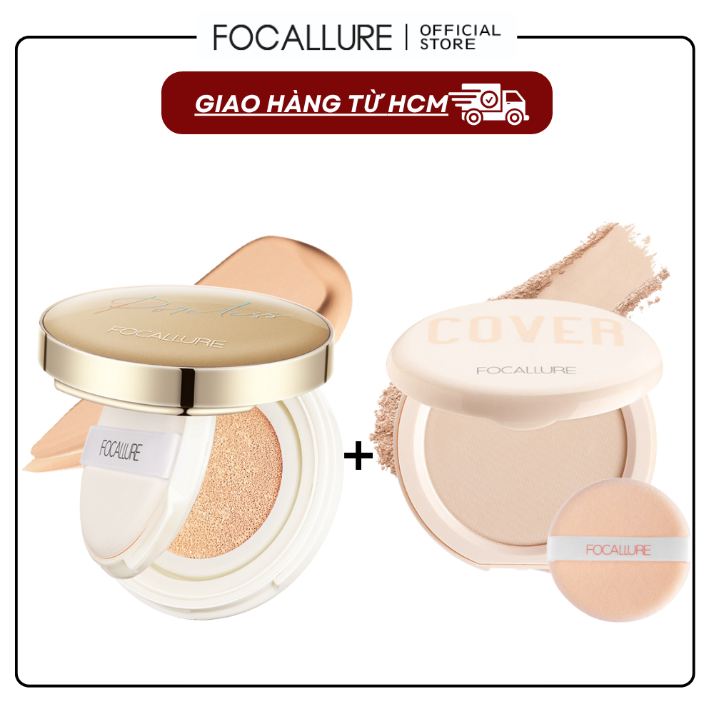 FOCALLURE Combo Cushion và Phấn Phủ Lì Dạng Nén Che Khuyết Điểm