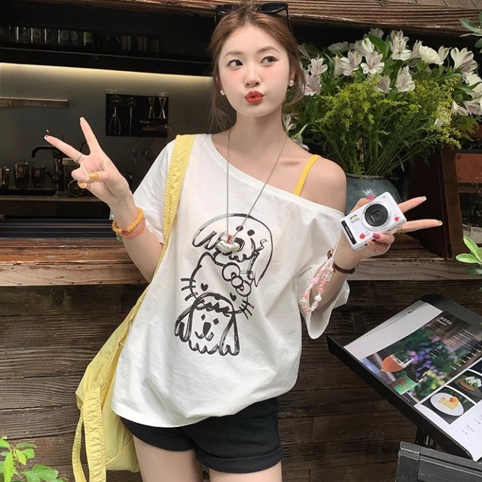 Áo Lệch Vai Form Rộng Cotton Dày Dặn in hình NEONVN - Áo thun nữ trễ vai, lệch vai xinh xắn phong cá