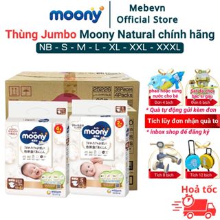 Thùng Jumbo bỉm moony trắng, bỉm moony natural chính hãng Dán/Quần đủ size NB62/S58/M46/L36/XL32