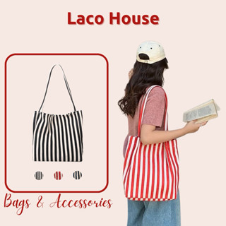  |Laco House| Túi tote kẻ sọc vải canvas quai mảnh phong cách Hàn Quốc 🍒 Túi tote đi biển T129 