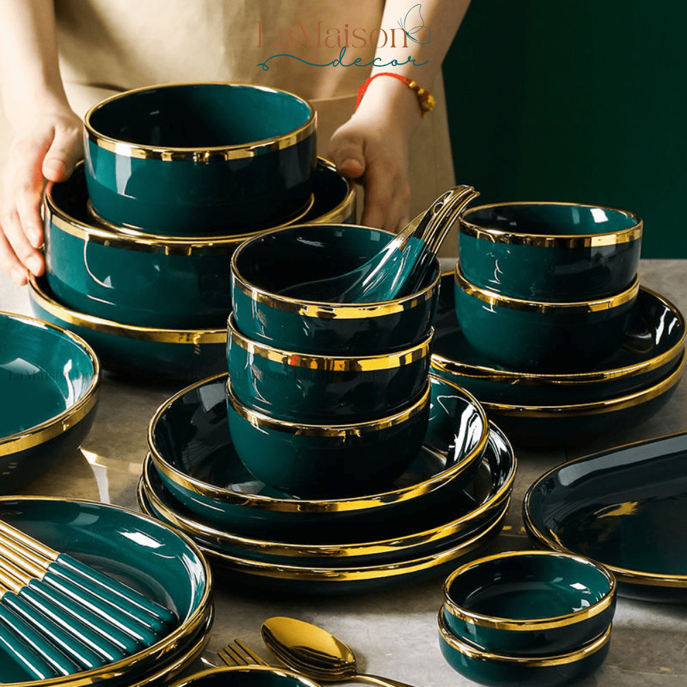 (LẺ MÓN) Bộ Tô Chén Dĩa Gốm Sứ Bộ Đồ Ăn Màu Xanh Cổ Vịt Viền Vàng Bắc Âu Bảo Hành Vận Chuyển LaMaison Decor