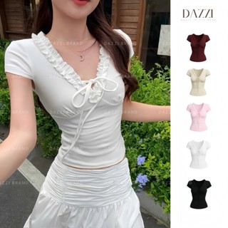 Áo thun nữ cổ V nhún bèo thắt nơ chất cotton mịn ôm body DAZZI Women [A050]