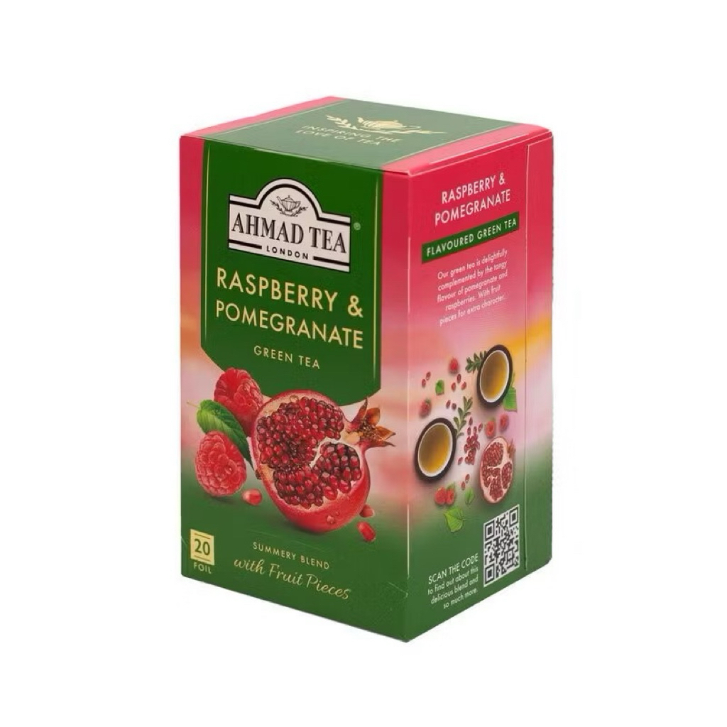 Trà xanh Lựu - Mâm xôi AHMAD - Ahmad Raspberry&Pomegranate (túi lọc có bao thiếc - 20 túi/hộp)