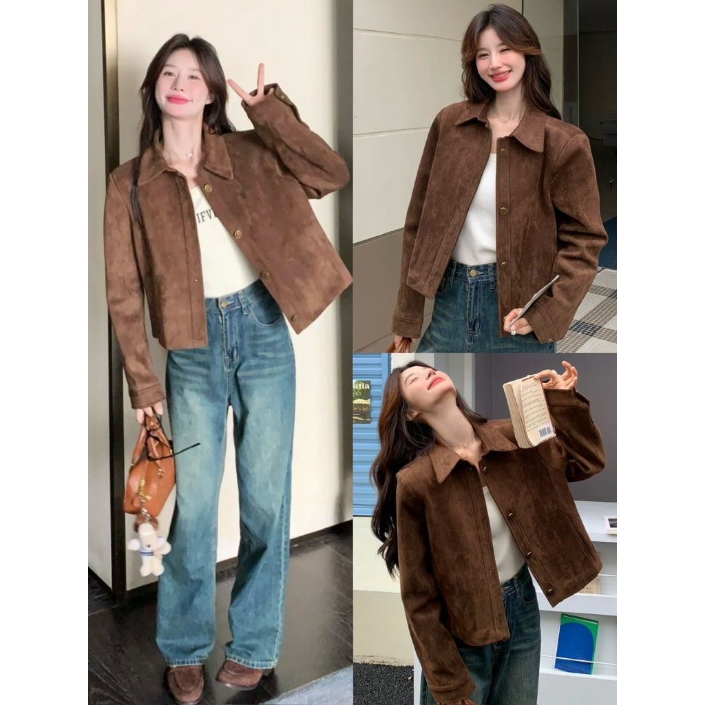 ÁO KHOÁC DA LỘN DÁNG CROPTOP CÚC ĐỒNG MÀU NÂU ĐẬM CỔ BẺ DÁNG NGẮN - DÀNH CHO NỮ