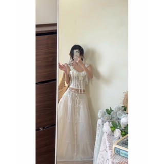 |Khositl| set áo crop ren hoa bèo + chân váy midi thắt nơ