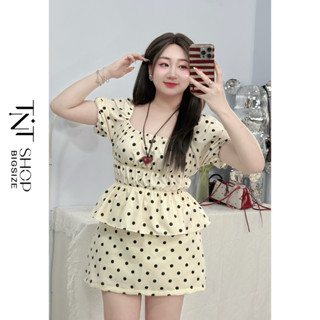 SET 2 MÓN BIGSIZE ÁO NHÚN TRỄ VAI HỌA TIẾT CHẤM BI KÈM CHÂN VÁY FORM A [ TNT SHOP BIGSIZE 60KG - 90KG ]
