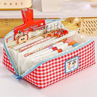 Hộp Bút Vải Caro Mở Phẳng 180 Độ - Túi Bút Nhiều Ngăn Sức Chứa Lớn Happy Cute