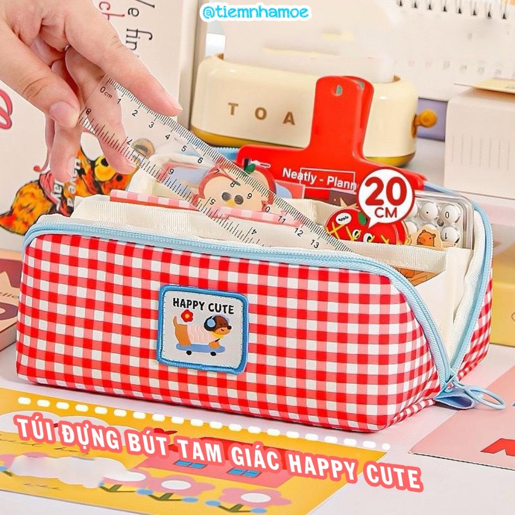 Hộp Bút Vải Caro Mở Phẳng 180 Độ - Túi Bút Nhiều Ngăn Sức Chứa Lớn Happy Cute
