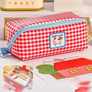 Hộp Bút Vải Caro Mở Phẳng 180 Độ - Túi Bút Nhiều Ngăn Sức Chứa Lớn Happy Cute