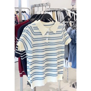 (ẢNH OLDSCHOOL) Áo len tay cộc dệt kim mỏng mùa thu dáng ôm kẻ xanh blue QC02