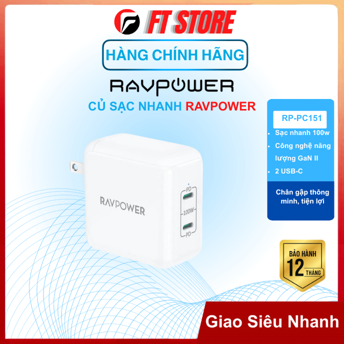 Củ sạc nhanh RAVPOWER 100W, 2 Cổng USB-C, Công nghệ năng lượng GaN II - RP-PC151